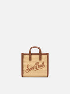 Borsa Vivian micro effetto paglia con logo marrone ricamato