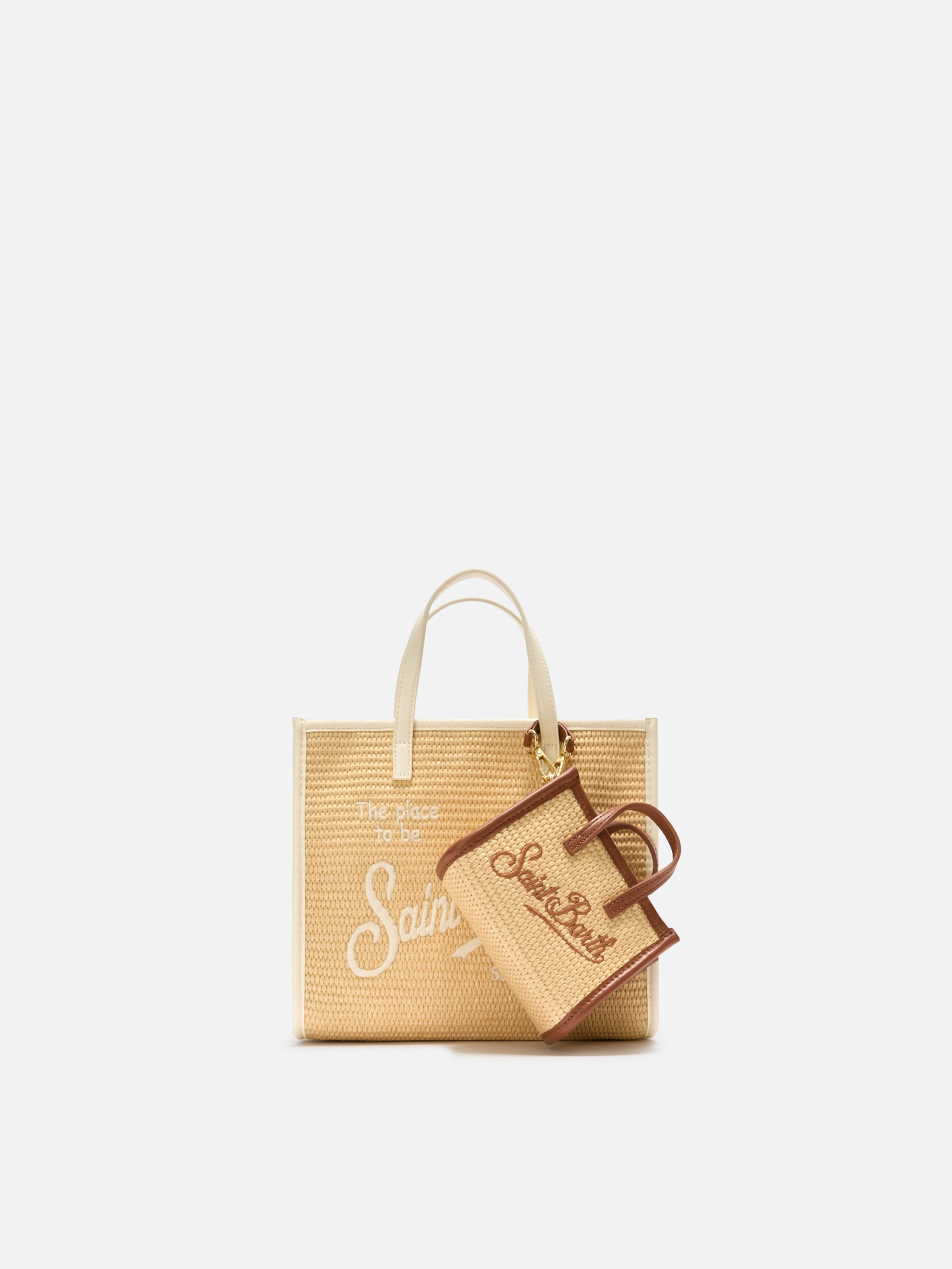 Borsa Vivian micro effetto paglia con logo marrone ricamato
