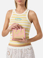 Borsa Vivian micro effetto raffia con logo rosa ricamato