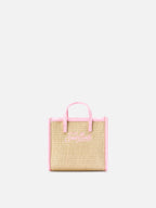 Borsa Vivian mini in tessuto effetto paglia con logo rosa ricamato
