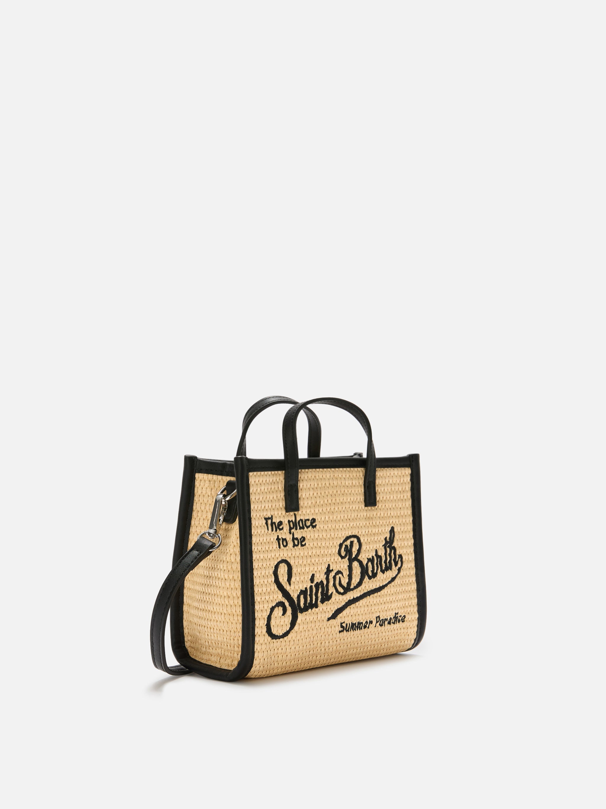Borsa Vivian mini in tessuto effetto paglia con logo nero ricamato