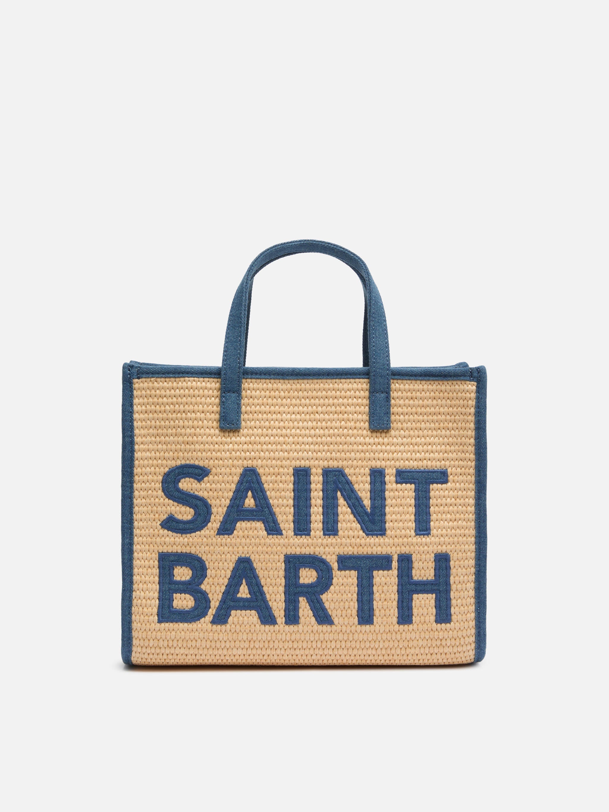 Borsa Vivian Mid Straw beige effetto paglia con patch denim