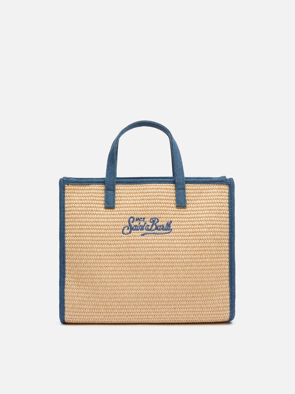 Borsa Vivian Mid Straw beige effetto paglia con patch denim