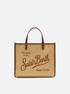 Borsa Vivian medium effetto paglia con logo marrone ricamato