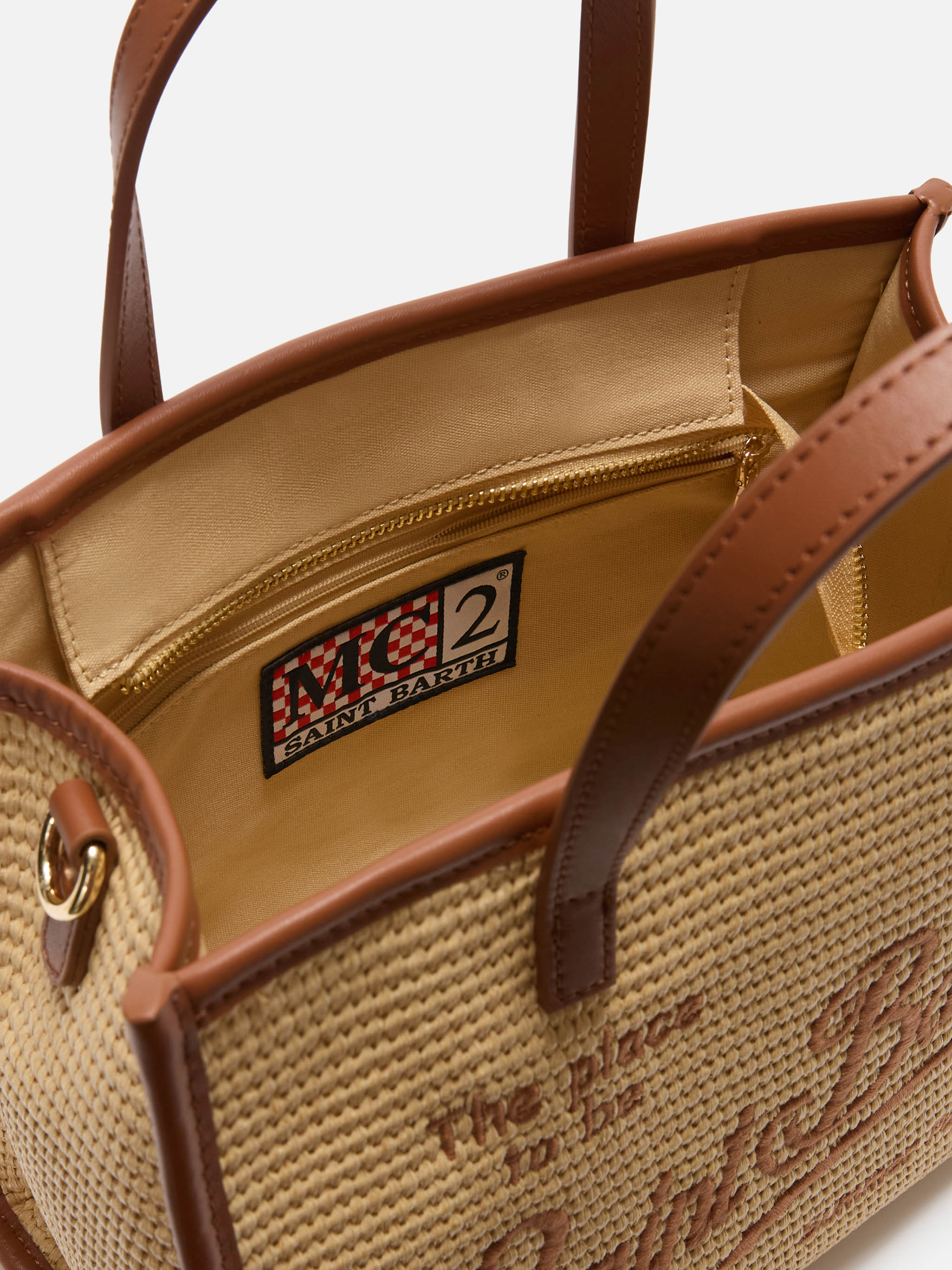 Borsa Vivian medium effetto paglia con logo marrone ricamato