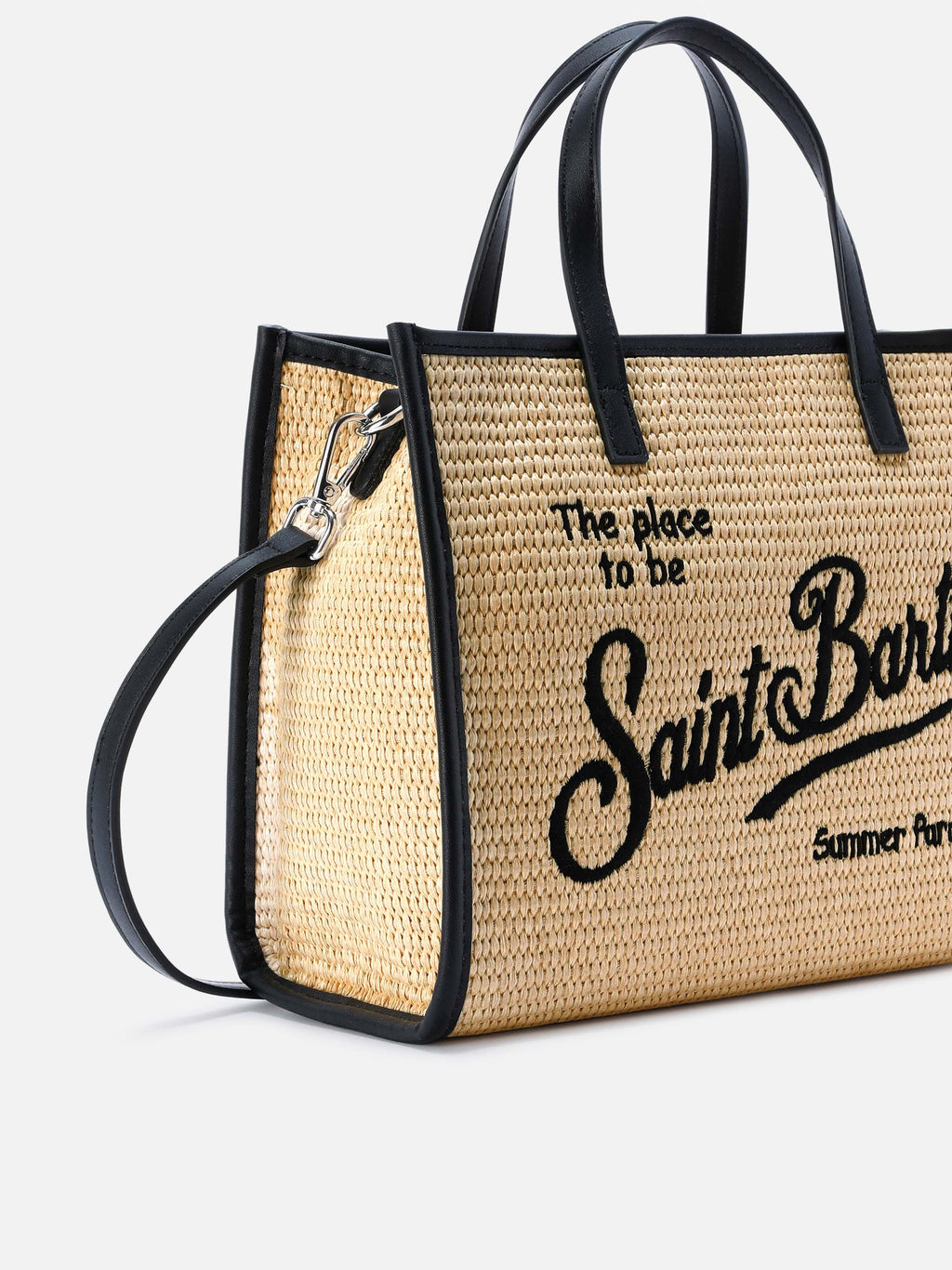 Borsa Vivian medium effetto raffia con logo nero ricamato
