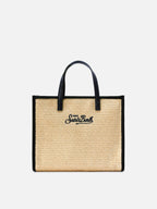 Borsa Vivian medium effetto raffia con logo nero ricamato