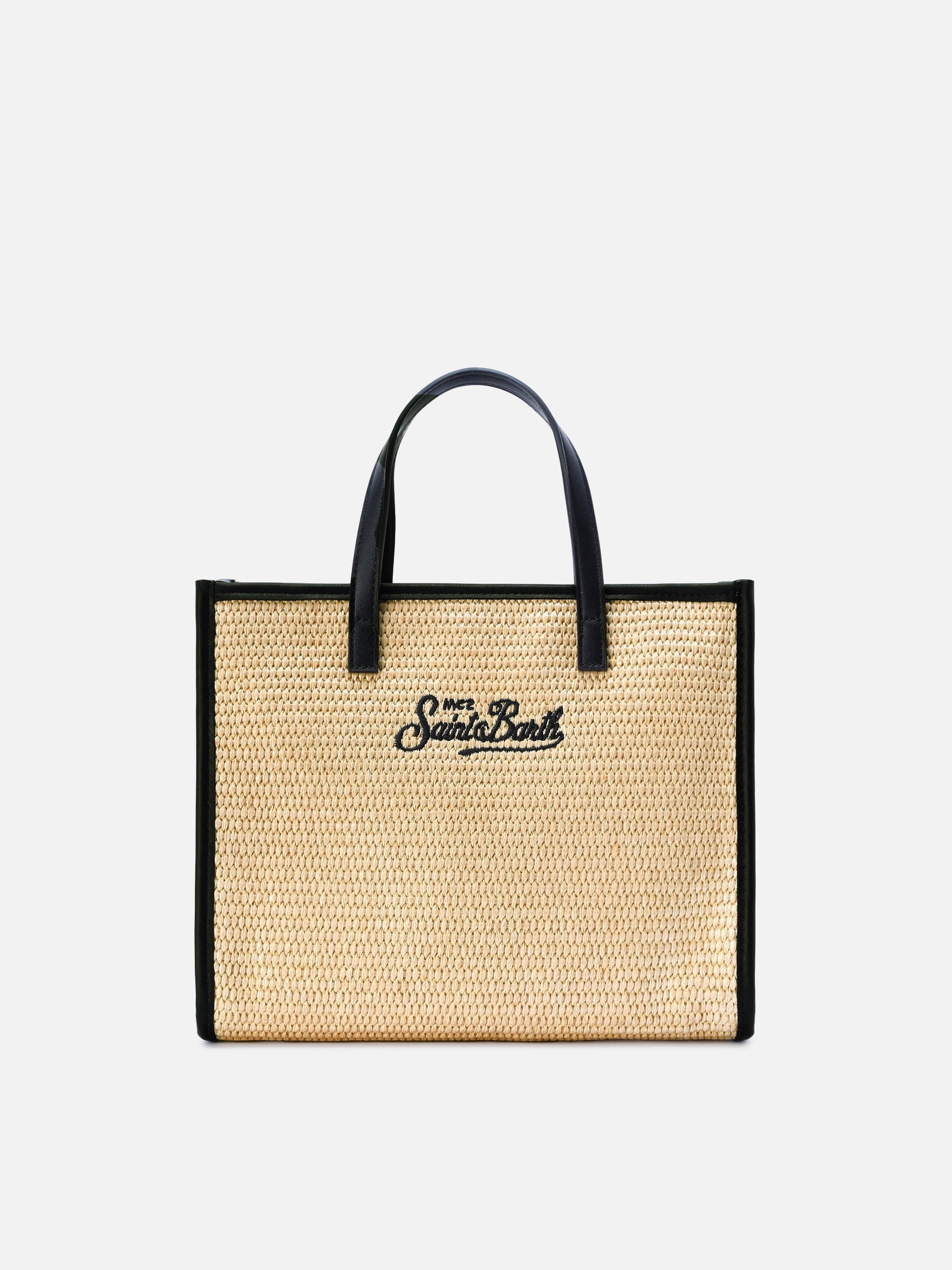 Borsa Vivian medium effetto raffia con logo nero ricamato