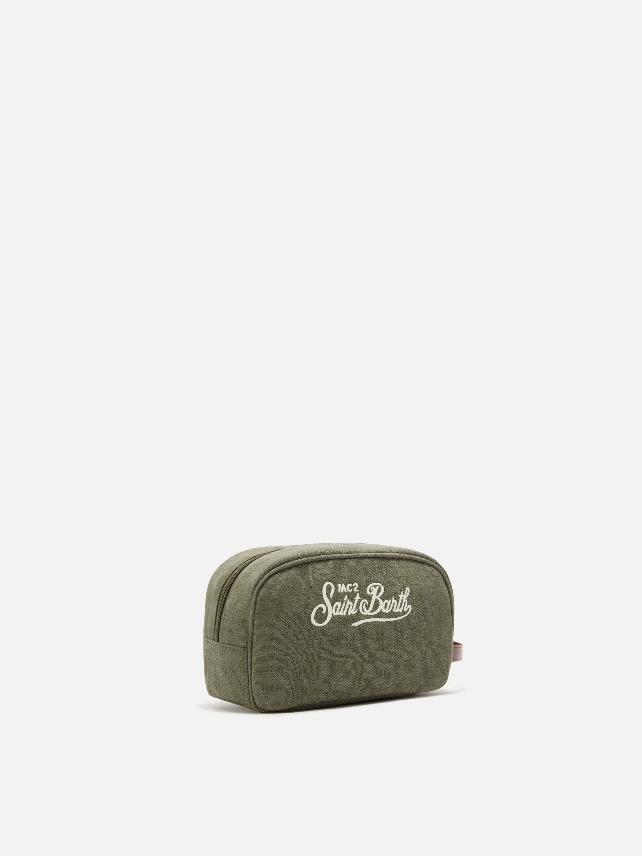 Beauty Bag Westwood in lino verde con logo ricamato