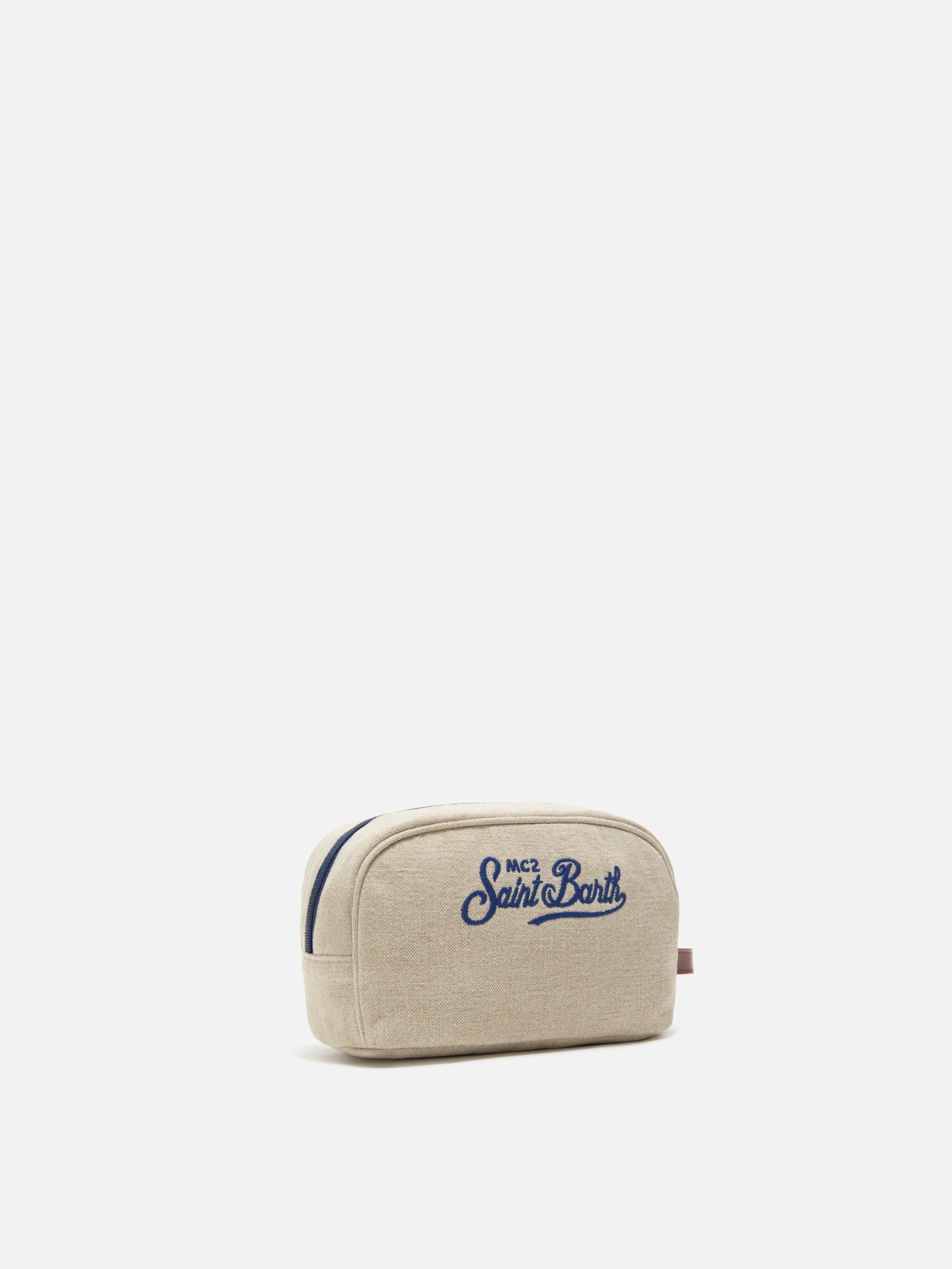 Beauty Bag Westwood in lino biege con logo ricamato