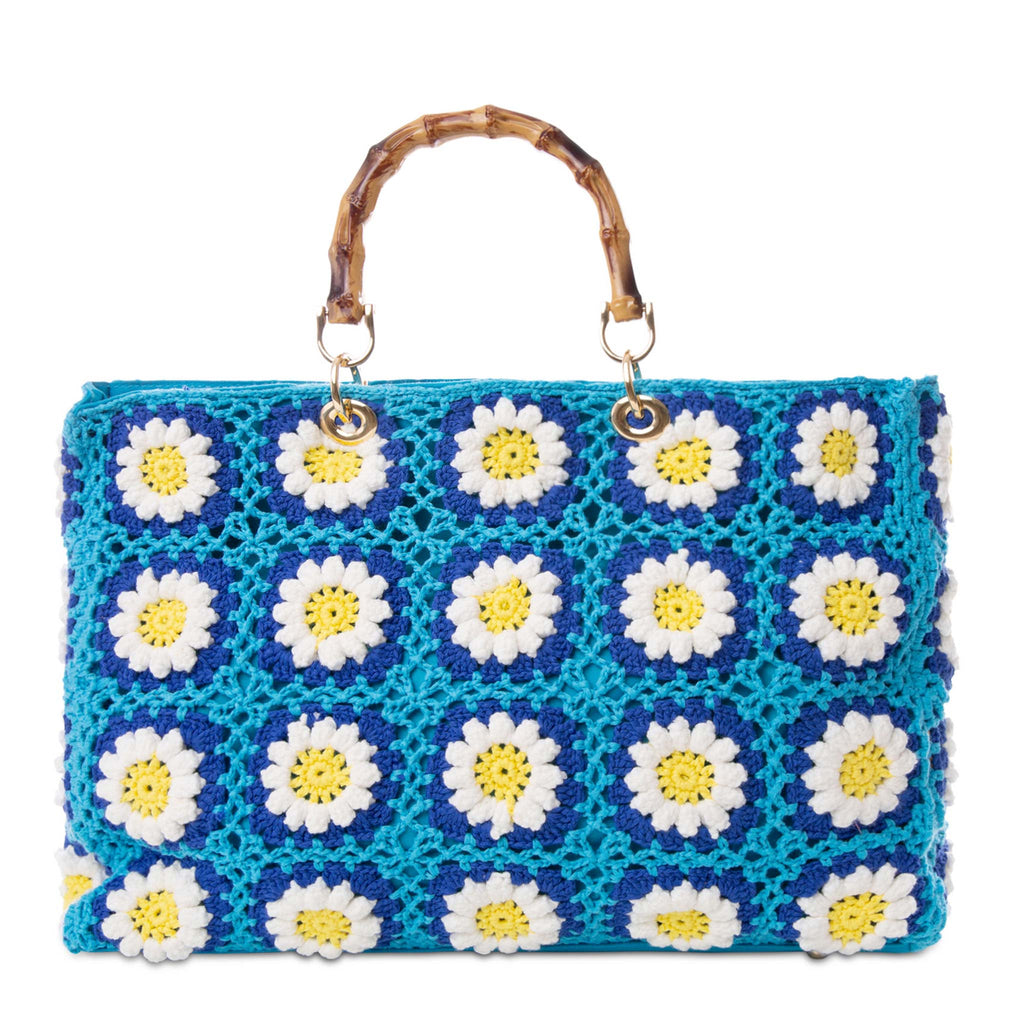 Borsa Victoria Crochet in crochet con fiori azzurri